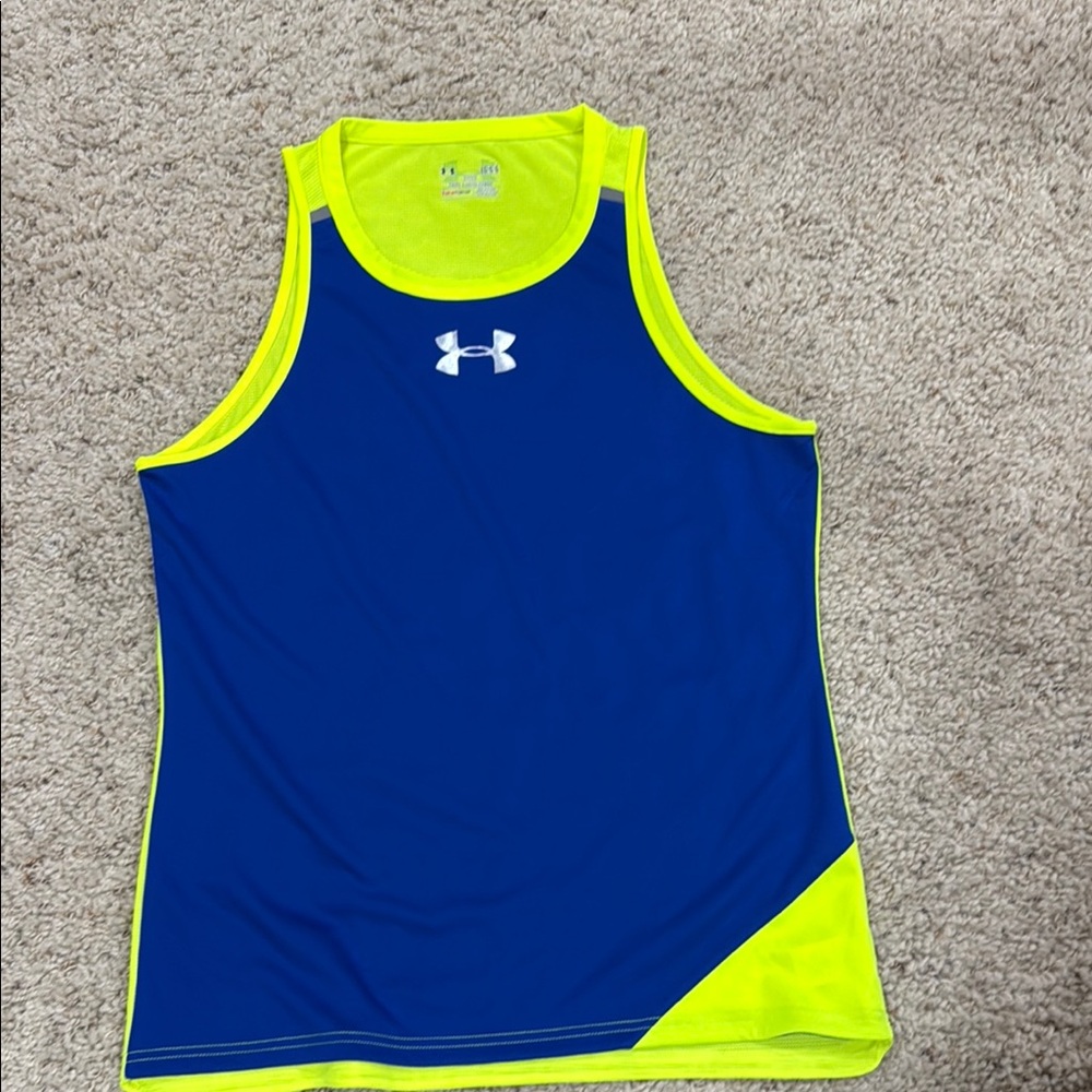 Under Armour Blue and Neon Yellow Tank Top Large fitted Heat Gear